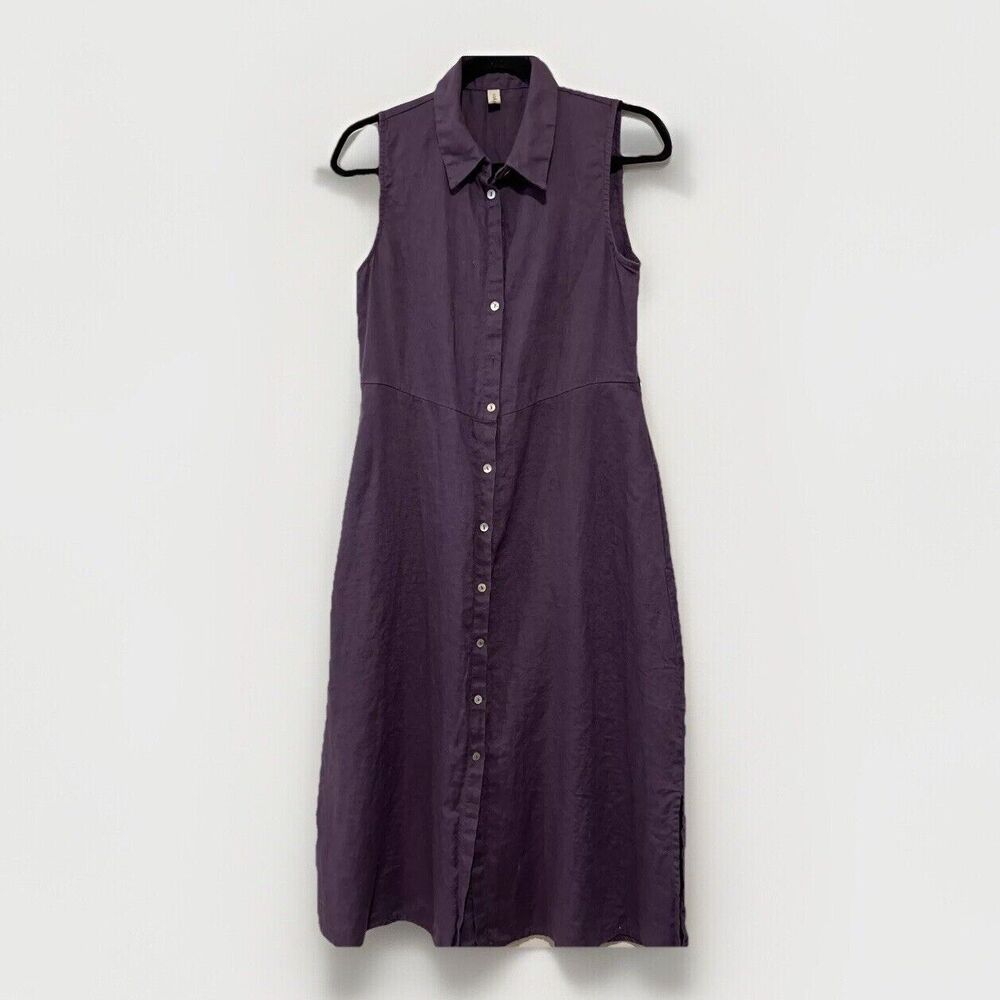 Amazhiyu Dress Small Purple Linen Button Down Midi Collar Sleeveless Pocket Boho